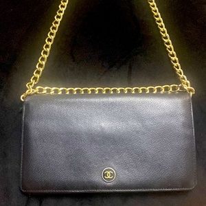 CHANEL Black Leather Chain Shoulder Wallet with Gold Hardware